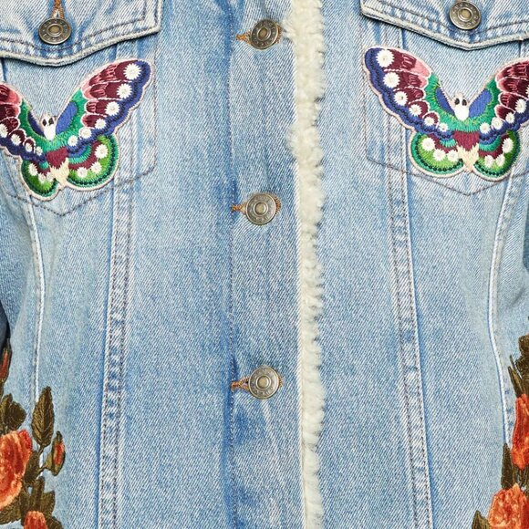 Gucci Tiger Bee Butterfly  Floral Appliqued Denim Shearling Jacket Size 44 - Picture 3 of 9
